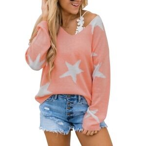 Pink Lily Peach Star Knit Sweater Women's M V-Neck Coastal Festival Boho Hippie